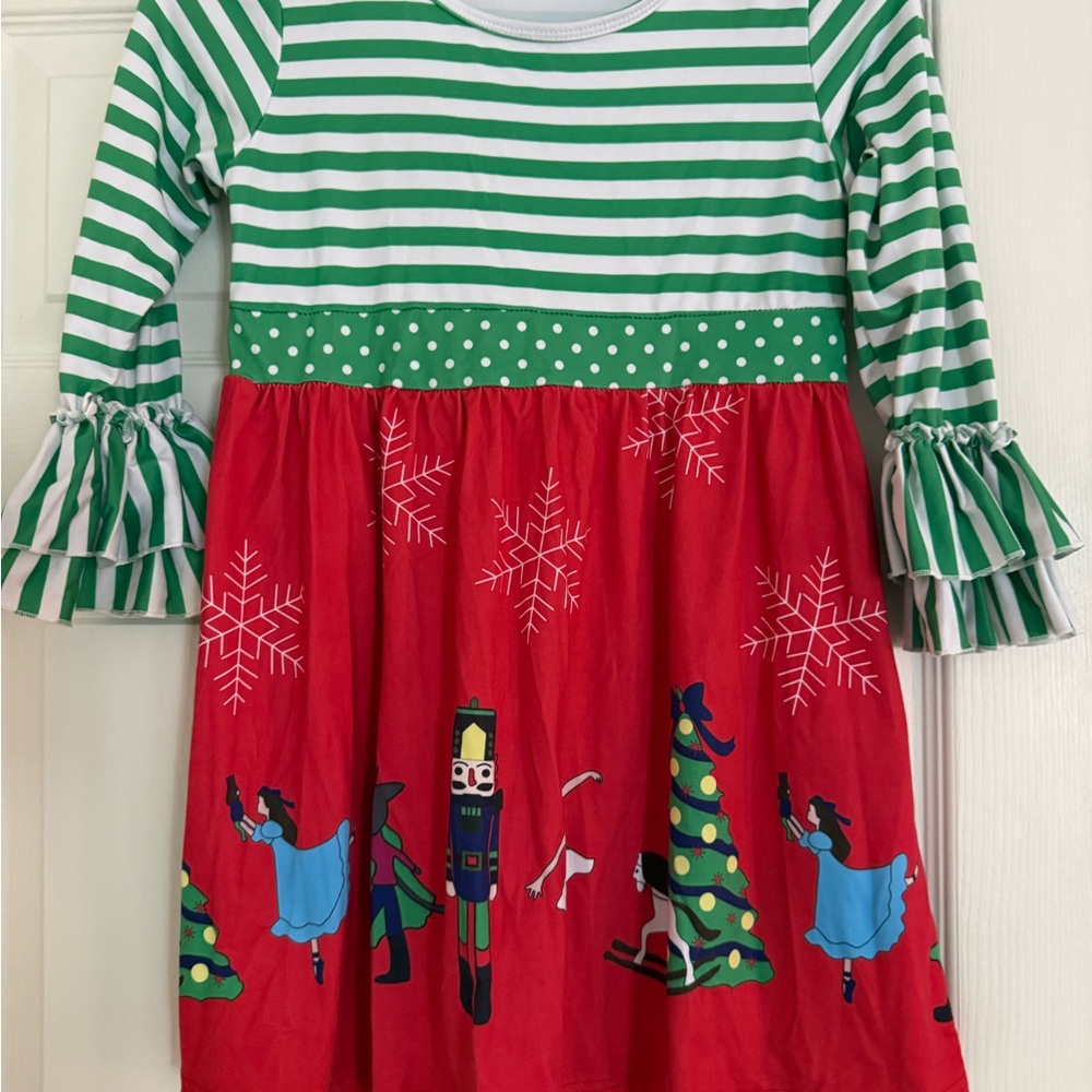 Charming Holiday Kids Dress with Green Stripes and Red Skirt